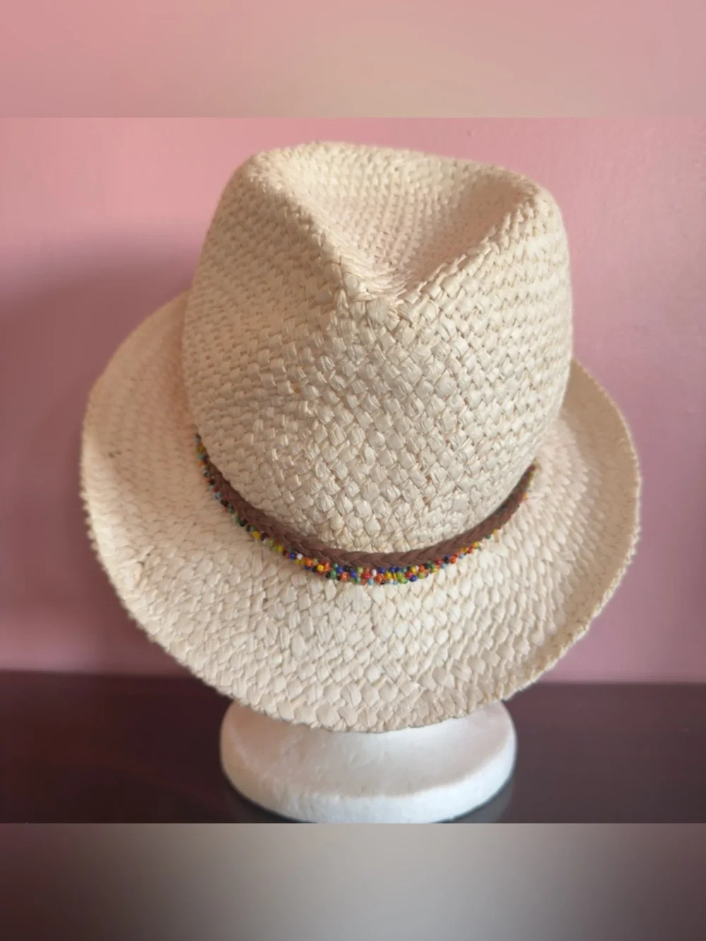 Steve Madden Cream Straw Fedora Hat Beaded Band Boho Resort Beach